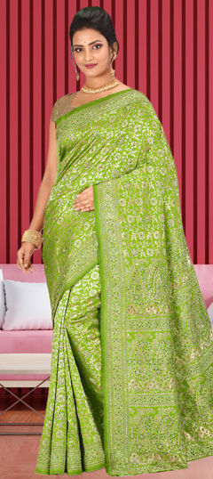 Green color Saree in Kanjeevaram Silk fabric with Stone, Weaving, Zari work