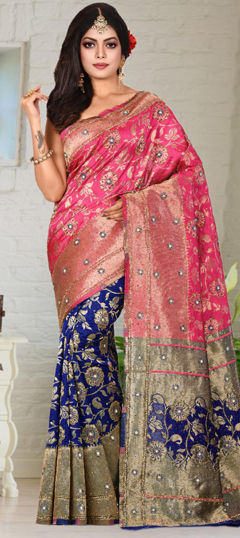 Blue, Pink and Majenta color Saree in Kanjeevaram Silk fabric with Stone, Weaving, Zari work