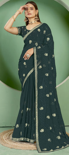 Green color Saree in Shimmer fabric with Embroidered, Resham, Thread work