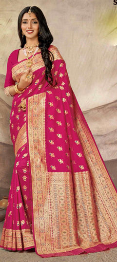 Red and Maroon color Saree in Art Silk fabric with Weaving, Zari work