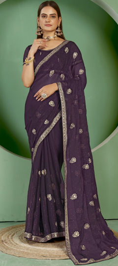 Purple and Violet color Saree in Shimmer fabric with Embroidered, Resham, Thread work