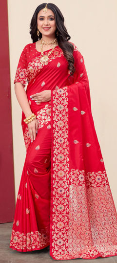 Red and Maroon color Saree in Silk fabric with Weaving, Zari work