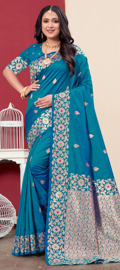 Blue color Saree in Silk fabric with Weaving, Zari work