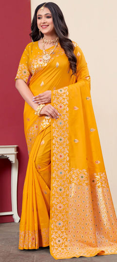 Yellow color Saree in Silk fabric with Weaving, Zari work