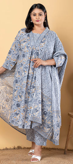 Black and Grey color Salwar Kameez in Cotton fabric with Floral, Printed, Sequence, Thread work