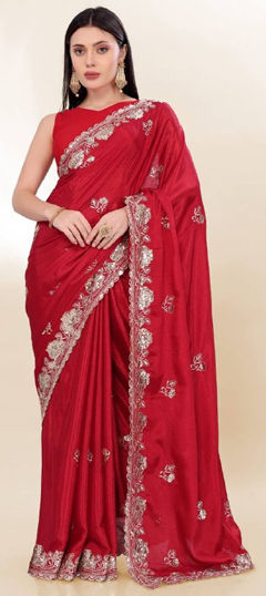 Red and Maroon color Saree in Art Silk fabric with Embroidered, Sequence, Thread work