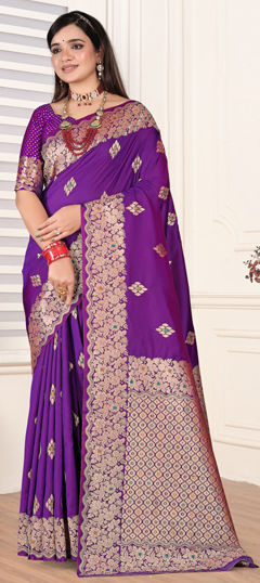 Purple and Violet color Saree in Silk fabric with Weaving, Zari work