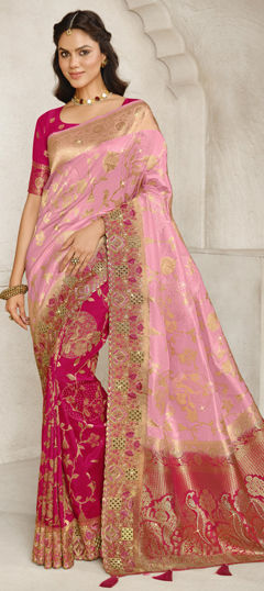 Pink and Majenta color Saree in Chiffon fabric with Stone, Weaving, Zari work