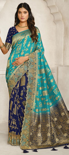 Blue color Saree in Chiffon fabric with Stone, Weaving, Zari work