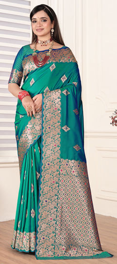 Green color Saree in Silk fabric with Weaving, Zari work