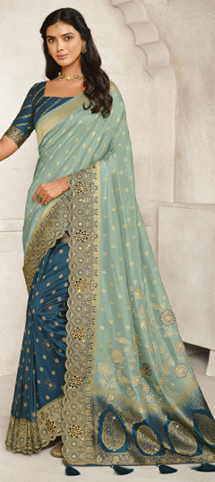 Blue color Saree in Chiffon fabric with Stone, Weaving, Zari work