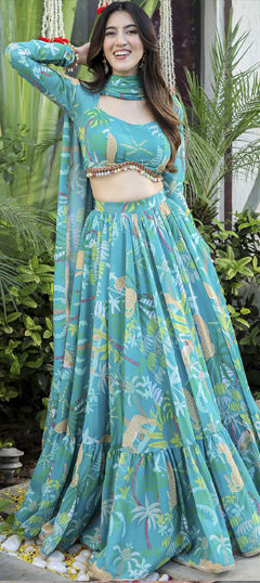 Blue color Lehenga in Georgette fabric with Digital Print work