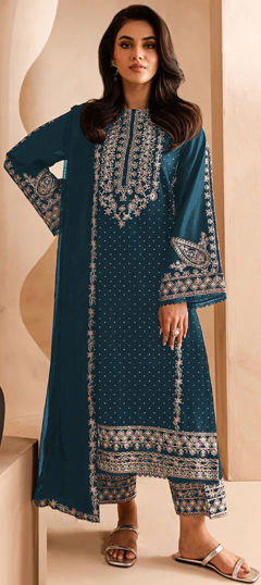 Blue color Salwar Kameez in Faux Georgette fabric with Embroidered, Resham, Thread work