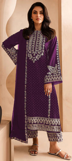 Purple and Violet color Salwar Kameez in Faux Georgette fabric with Embroidered, Resham, Thread work