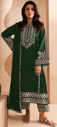 Green color Salwar Kameez in Faux Georgette fabric with Embroidered, Resham, Thread work