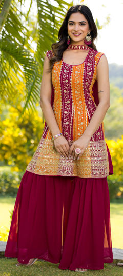 Red and Maroon, Yellow color Salwar Kameez in Georgette fabric with Embroidered, Thread, Zari work