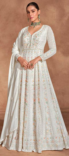 White and Off White color Salwar Kameez in Silk fabric with Embroidered, Resham, Thread work