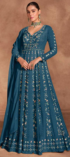 Blue color Salwar Kameez in Silk fabric with Embroidered, Resham, Thread work