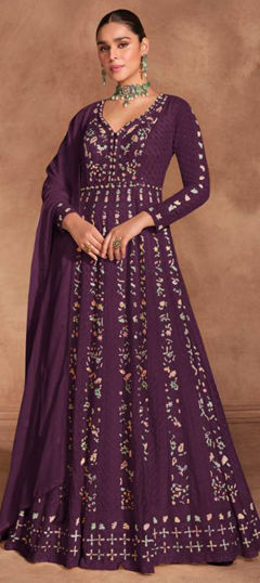 Purple and Violet color Salwar Kameez in Silk fabric with Embroidered, Resham, Thread work