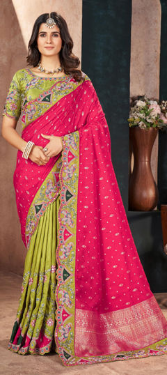 Green, Pink and Majenta color Saree in Silk fabric with Embroidered, Mirror, Sequence, Thread work