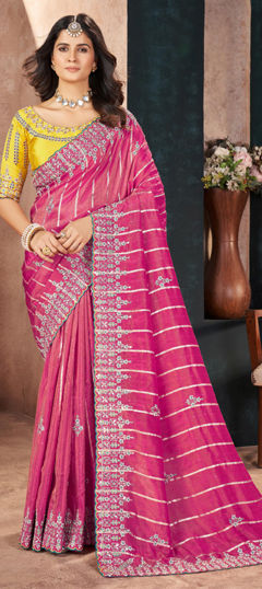 Pink and Majenta color Saree in Silk fabric with Embroidered, Sequence, Thread work