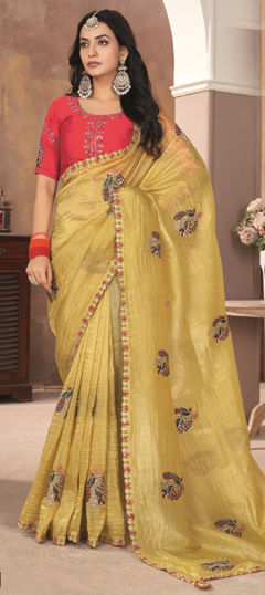 Gold color Saree in Silk fabric with Embroidered, Resham, Thread work