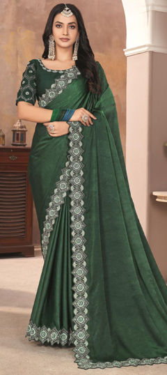 Green color Saree in Silk fabric with Embroidered, Resham, Sequence, Thread work