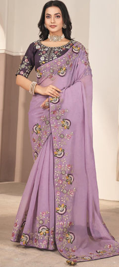 Purple and Violet color Saree in Silk fabric with Embroidered, Resham, Sequence, Thread work