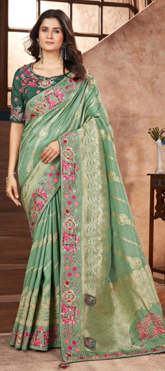 Green color Saree in Silk fabric with Cut Dana, Embroidered, Sequence, Thread work