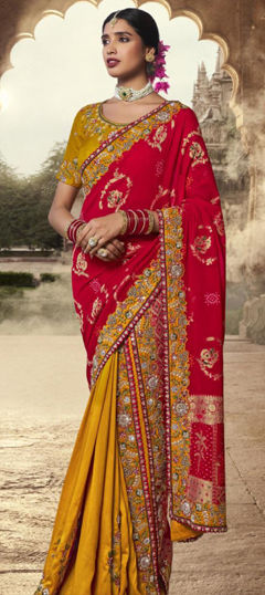 Red and Maroon, Yellow color Saree in Silk fabric with Bugle Beads, Embroidered, Lace, Sequence, Thread work