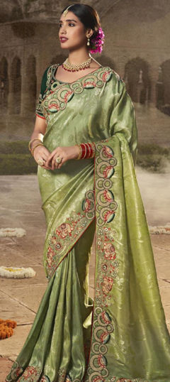 Green color Saree in Silk fabric with Embroidered, Sequence, Thread, Zari work