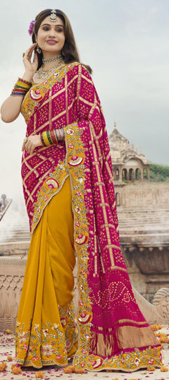 Pink and Majenta, Yellow color Saree in Silk fabric with Bandhej, Lace, Printed, Resham, Sequence work