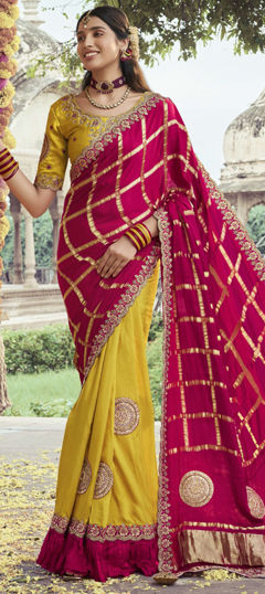 Pink and Majenta, Yellow color Saree in Silk fabric with Bugle Beads, Gota Patti, Patch, Stone work