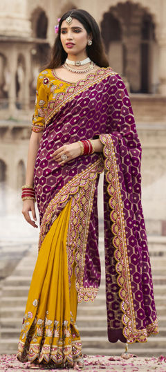 Pink and Majenta, Yellow color Saree in Silk fabric with Lace, Mirror, Weaving work