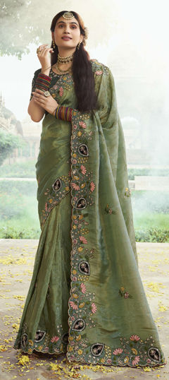 Green color Saree in Silk fabric with Embroidered, Stone, Thread, Zari work