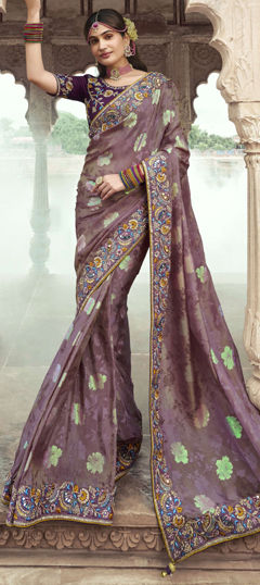 Purple and Violet color Saree in Silk fabric with Embroidered, Stone, Thread, Zari work