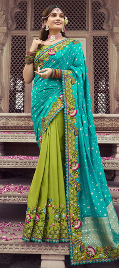 Blue, Green color Saree in Silk fabric with Embroidered, Patch, Stone, Thread, Zardozi work