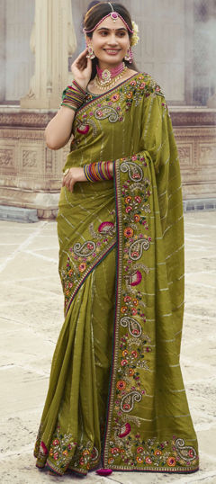 Green color Saree in Silk fabric with Embroidered, Resham, Stone, Thread work