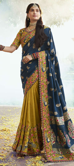 Blue, Yellow color Saree in Silk fabric with Embroidered, Sequence, Thread, Weaving, Zari work