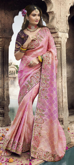 Pink and Majenta color Saree in Silk fabric with Embroidered, Thread, Weaving, Zari work