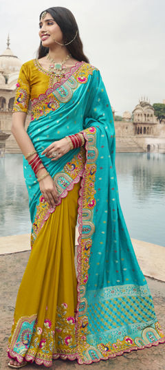 Blue, Yellow color Saree in Silk fabric with Embroidered, Mirror, Resham, Sequence, Thread work