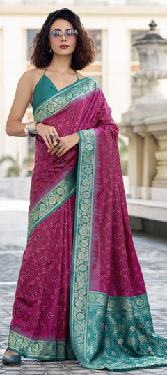 Pink and Majenta color Saree in Silk fabric with Bandhej, Printed, Weaving work