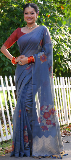 Blue color Saree in Cotton fabric with Floral, Printed work