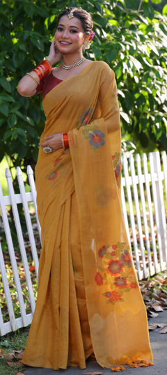 Beige and Brown color Saree in Cotton fabric with Floral, Printed work