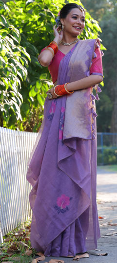 Purple and Violet color Saree in Cotton fabric with Floral, Printed work