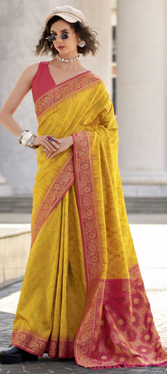 Yellow color Saree in Silk fabric with Bandhej, Printed, Weaving work