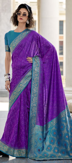 Purple and Violet color Saree in Silk fabric with Bandhej, Printed, Weaving work