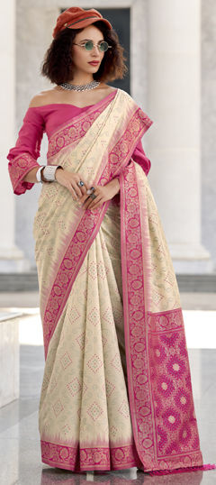 Beige and Brown color Saree in Silk fabric with Bandhej, Printed, Weaving work