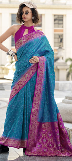 Blue color Saree in Silk fabric with Bandhej, Printed, Weaving work