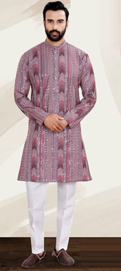 Pink and Majenta color Kurta Pyjamas in Rayon fabric with Embroidered, Resham, Sequence, Thread work